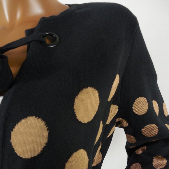 CHICO'S Top L Sz 2 Black/Tan Dot Long Cardigan Sweater Ribbon Tie Heavyweight - Picture 3 of 14